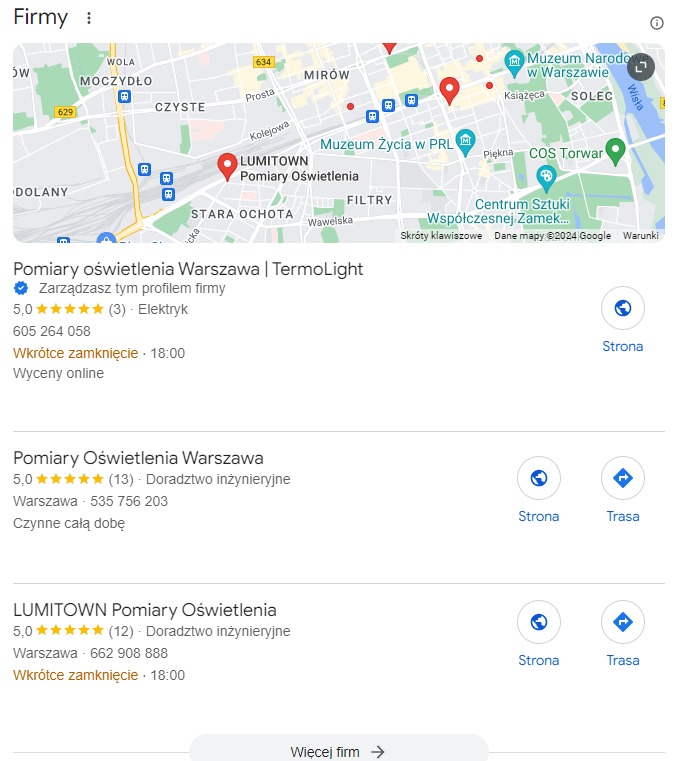 Mapa Google z zaznaczonymi lokalizacjami firm oferujących pomiary oświetlenia w Warszawie, w tym LUMITOWN Pomiary Oświetlenia i TermoLight, wraz z ocenami i danymi kontaktowymi.