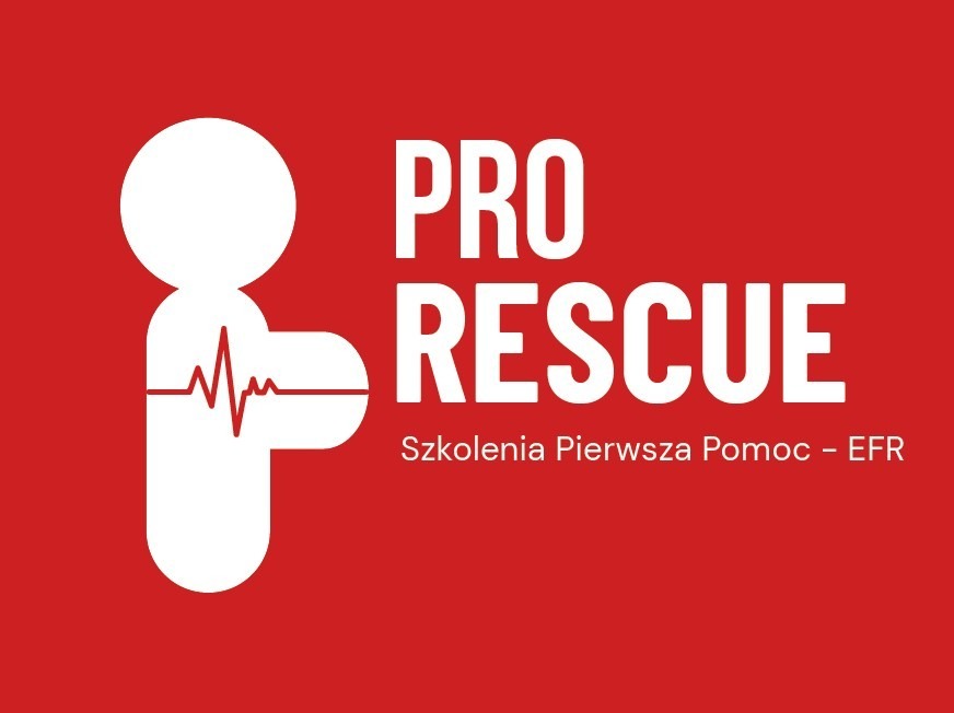 Logo Pro Rescue na czerwonym tle. Biała ikona osoby z linią życia i napis 'Szkolenia Pierwsza Pomoc - EFR'.