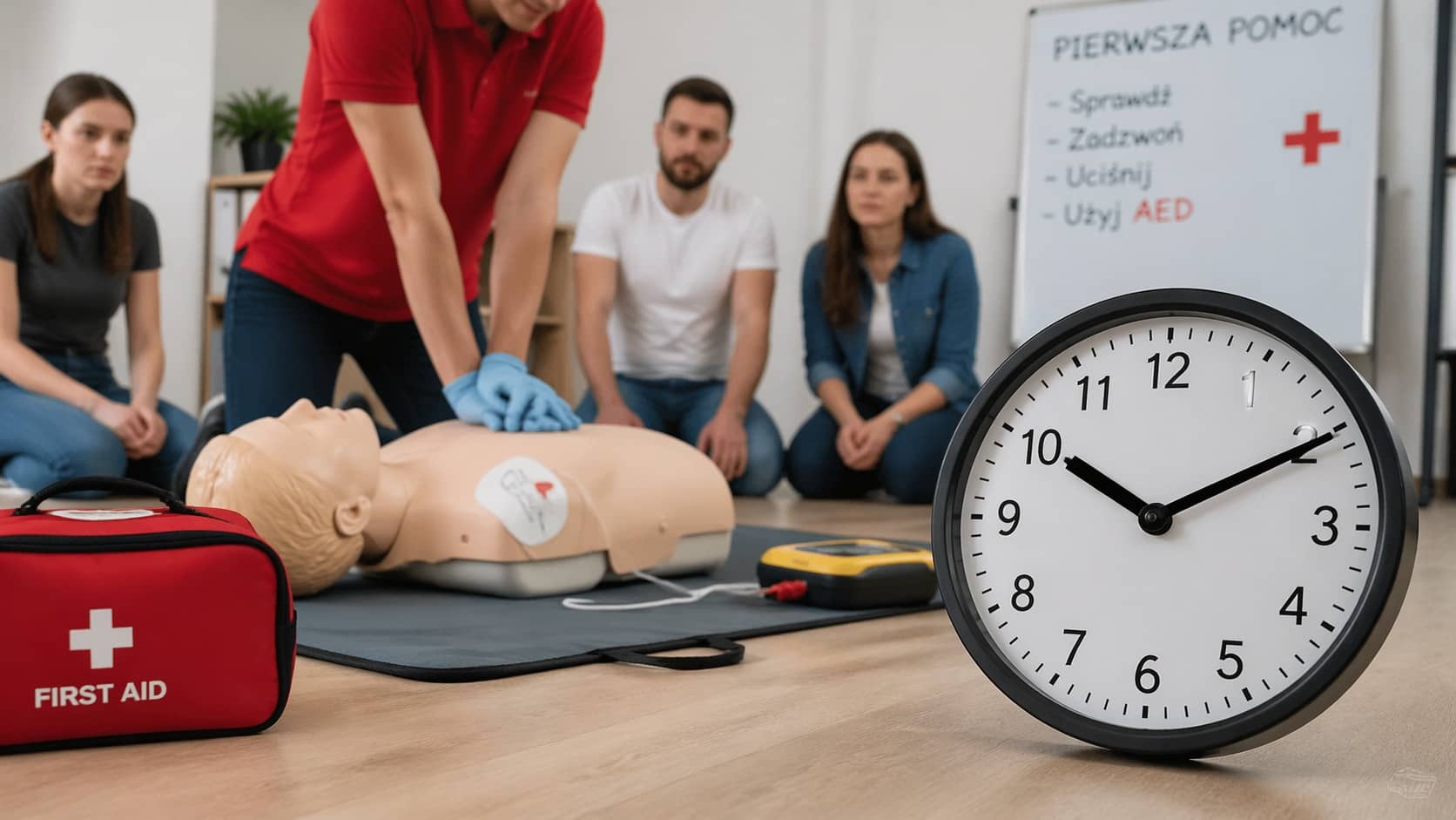 Kurs pierwszej pomocy: instruktor demonstruje resuscytację na manekinie, uczestnicy obserwują, a zegar odmierza czas. Torba pierwszej pomocy i tablica z instrukcjami w tle.