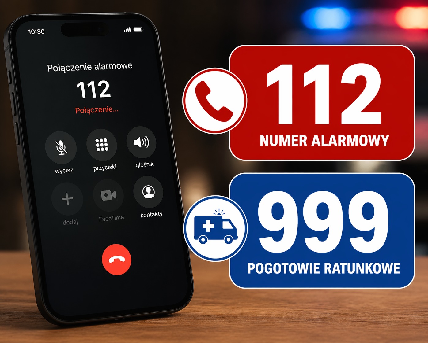 Telefon z numerem alarmowym 112 na ekranie, obok grafiki z numerami 112 i 999. Ilustracja edukacyjna z zakresu pierwszej pomocy i numerów alarmowych.
