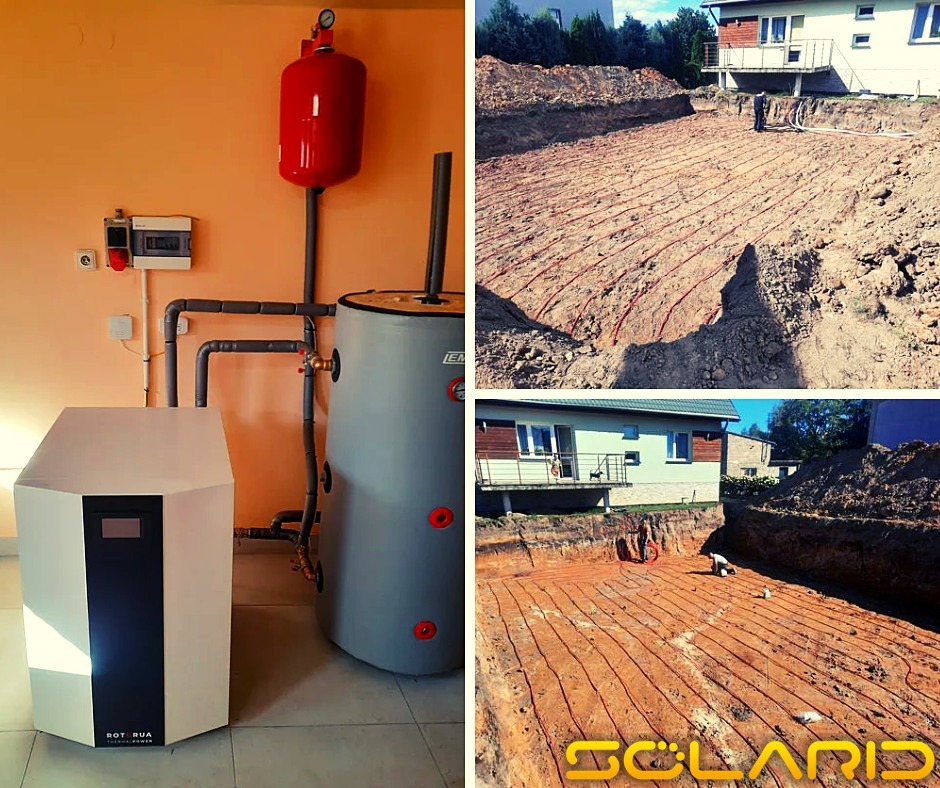 Kaskadowa instalacja pompy ciepła: jednostka wewnętrzna w pomieszczeniu, zbiornik buforowy, zbiornik wyrównawczy oraz widok na ułożone rury ogrzewania podłogowego w wykopie fundamentowym.