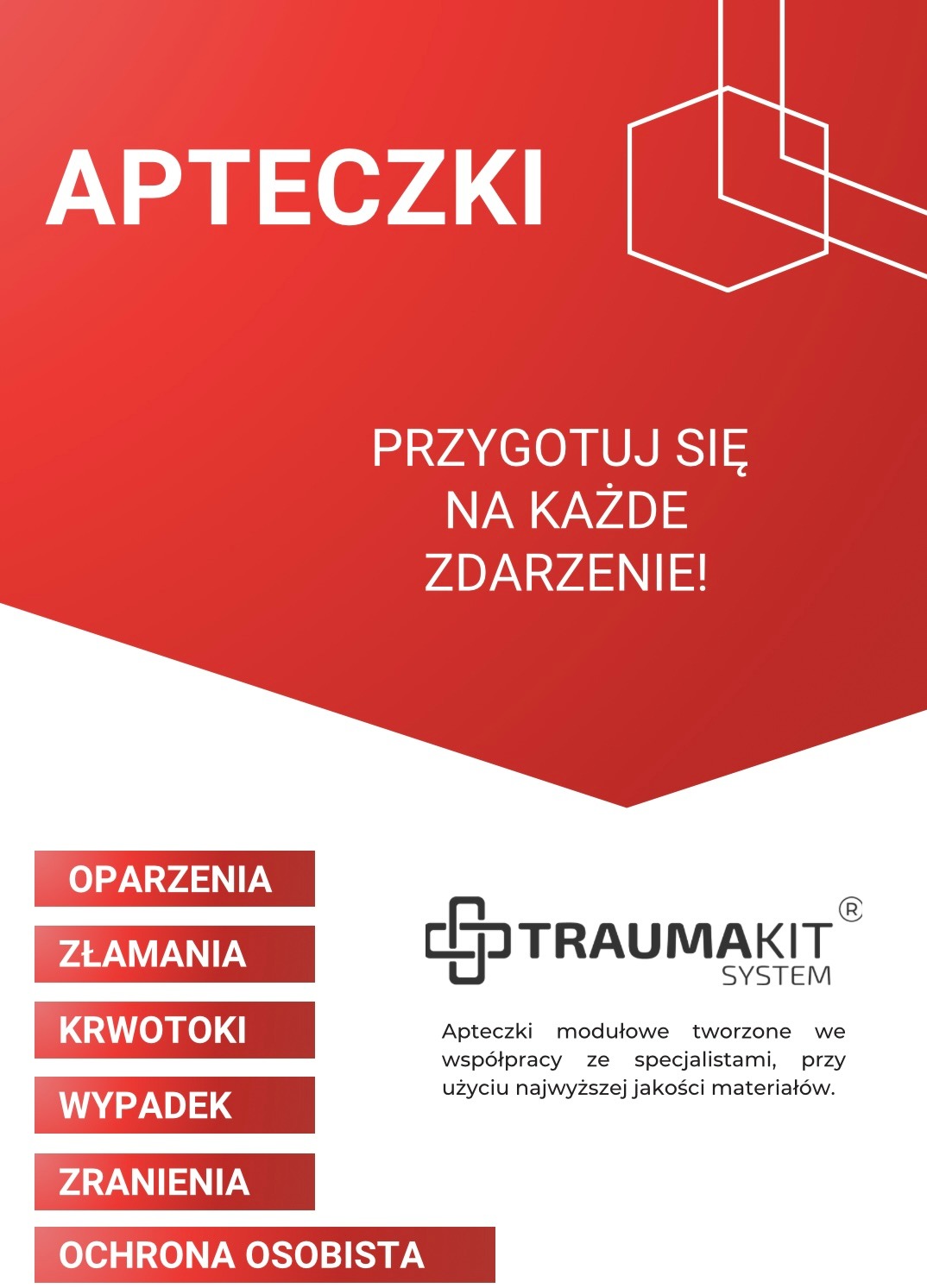 Grafika reklamowa apteczek modułowych TraumaKit System, z hasłem 'Przygotuj się na każde zdarzenie!', listą potencjalnych urazów i informacją o współpracy ze specjalistami.