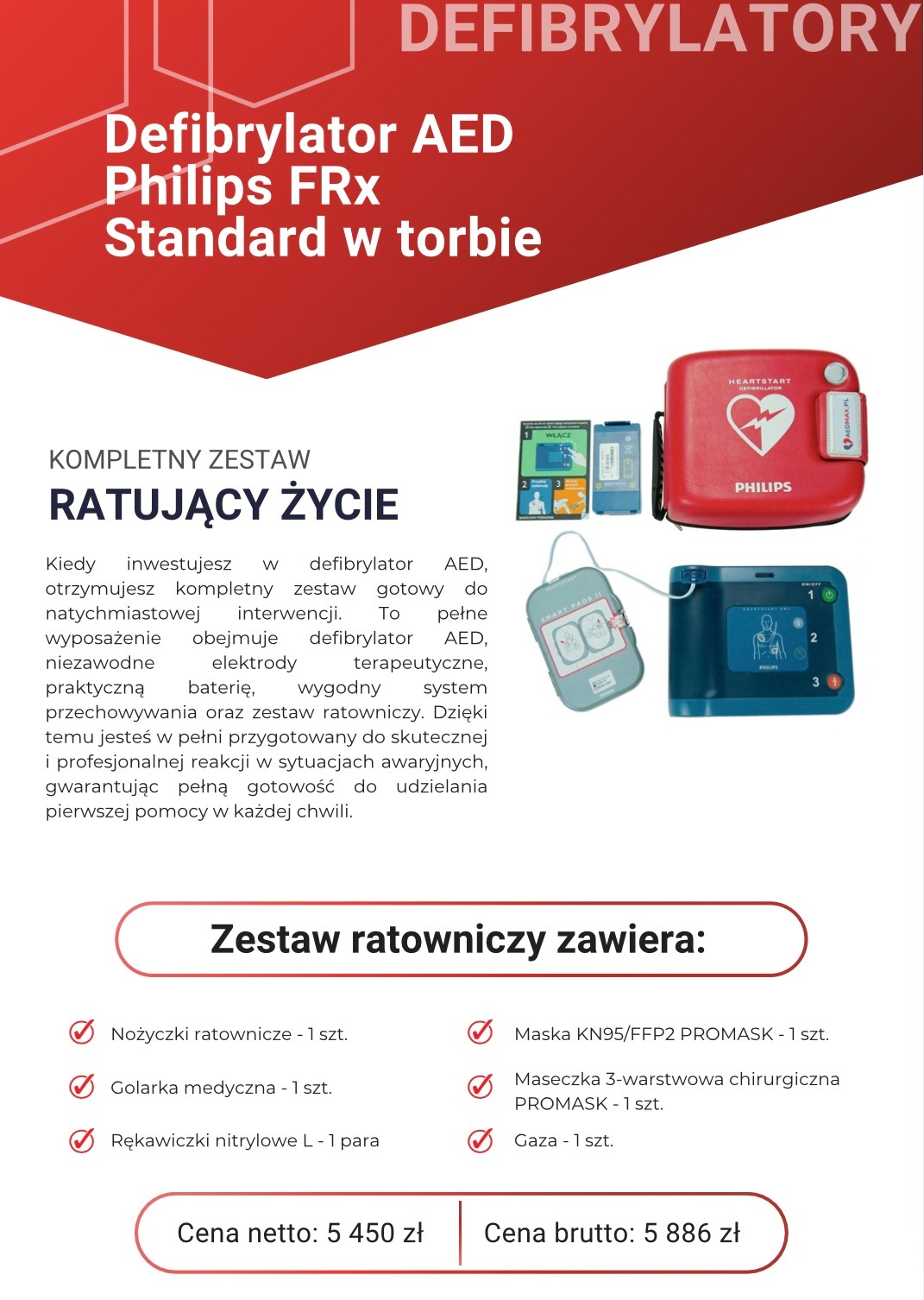 Zestaw ratunkowy: defibrylator AED Philips FRx Standard w torbie, elektrody, bateria, nożyczki, golarka, rękawiczki, maska KN95/FFP2, maseczka chirurgiczna, gaza. Grafika reklamowa z cenami netto...