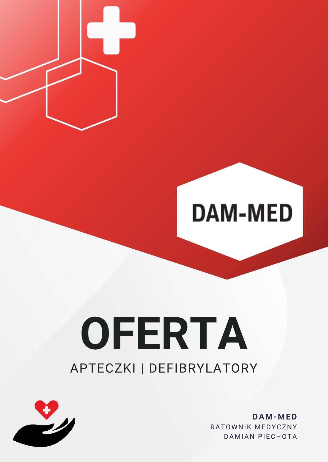 Graficzna oferta firmy DAM-MED z zakresu apteczek i defibrylatorów, logo z czerwonym akcentem na białym tle.