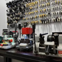 Warsztat ślusarski: Rząd maszyn do kopiowania kluczy na stole z widoczną ścianą pełną różnorodnych kluczy na perforowanej płycie.