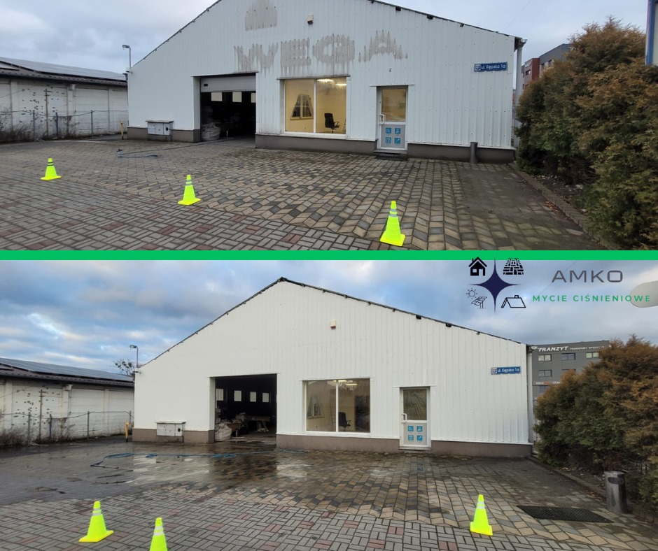 Porównanie elewacji budynku przed i po myciu ciśnieniowym, widoczne usunięte zabrudzenia i odświeżony wygląd, żółte pachołki ostrzegawcze na kostce brukowej.