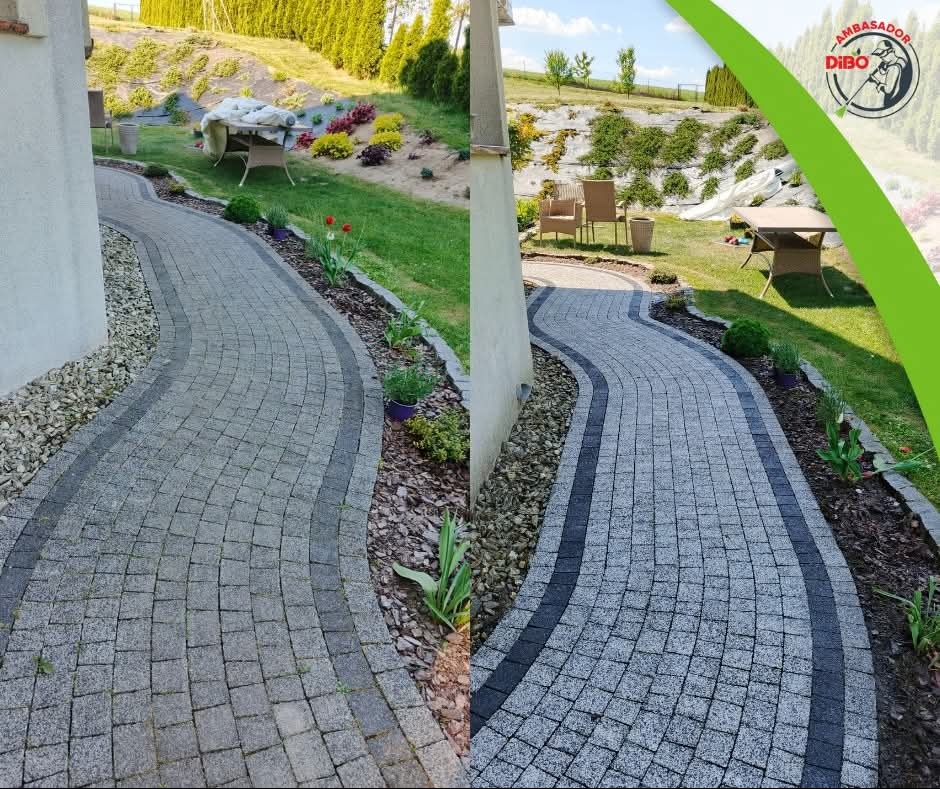 Efekt mycia kostki brukowej: połowa ścieżki wyczyszczona, ukazując różnicę w kolorze i czystości. Widoczny kontrast przed i po zabiegu na krętej ścieżce.