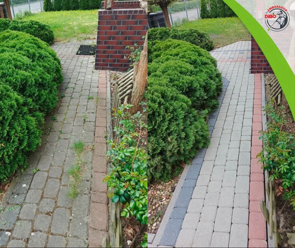 Porównanie kostki brukowej: wyczyszczona, jasna ścieżka z prawej kontrastuje z zabrudzoną, ciemną z lewej, otoczone zielenią i elementami architektury ogrodowej.