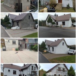 FIRMA OGÓLNOBUDOWLANA DAWID RACZYCKI - Porównanie elewacji domu przed i po nałożeniu jasnej warstwy, widoczne rusztowania przy ścianie oraz różnice w fakturze powierzchni.