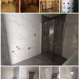 FIRMA OGÓLNOBUDOWLANA DAWID RACZYCKI - Seria zdjęć ukazujących etapy remontu łazienki: od surowego stanu z widocznymi instalacjami i drabina, przez przygotowanie ścian z czarnymi kołkami, aż po wykończoną łazienkę z biało-szarymi...