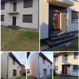 FIRMA OGÓLNOBUDOWLANA DAWID RACZYCKI - Dom jednorodzinny przed i po odnowieniu elewacji, widoczne różnice w kolorze i czystości ścian, z brązowymi roletami okiennymi.