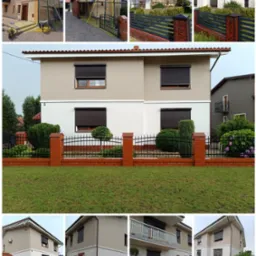 Dwukondygnacyjny dom jednorodzinny z brązowymi roletami zewnętrznymi i świeżo pomalowaną elewacją w odcieniach beżu i bieli, ogrodzony niskim, ceglanym płotem z metalowymi przęsłami.