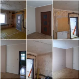 Kompozycja zdjęć przedstawiająca etapy remontu pokoju: stan surowy z odsłoniętą cegłą, zabezpieczona podłoga folią, ściany po położeniu gładzi i pomalowane na beżowo, świeżo zamontowane drzwi...