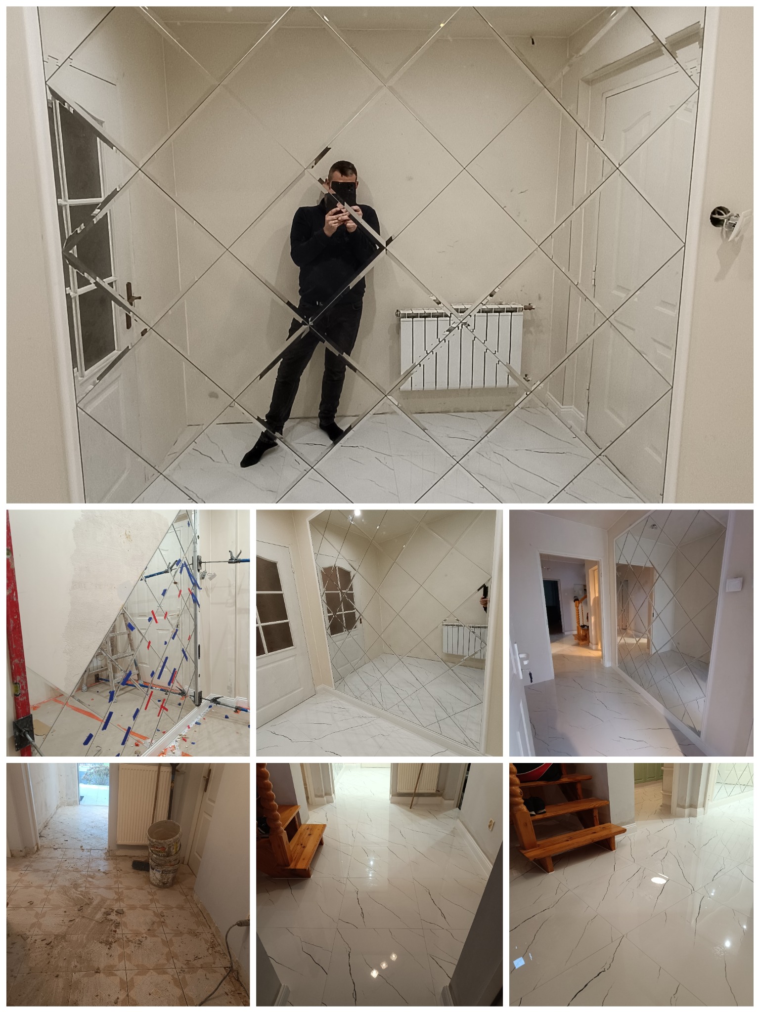 Ściana wykończona lustrzanymi panelami w romby, odbijająca postać robiącą zdjęcie telefonem; podłoga wyłożona białymi płytkami imitującymi marmur.