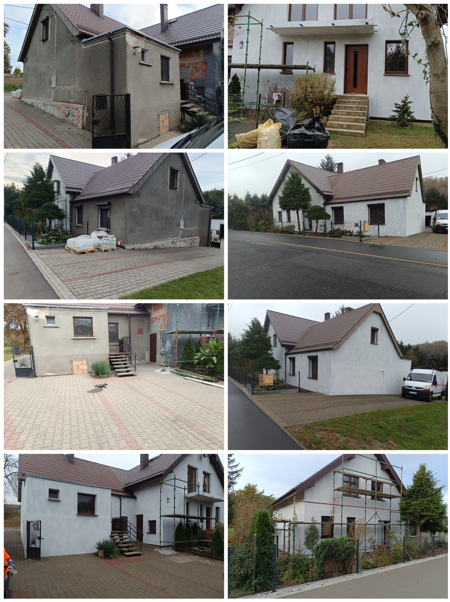 Porównanie elewacji domu przed i po nałożeniu jasnej warstwy, widoczne rusztowania przy ścianie oraz różnice w fakturze powierzchni.