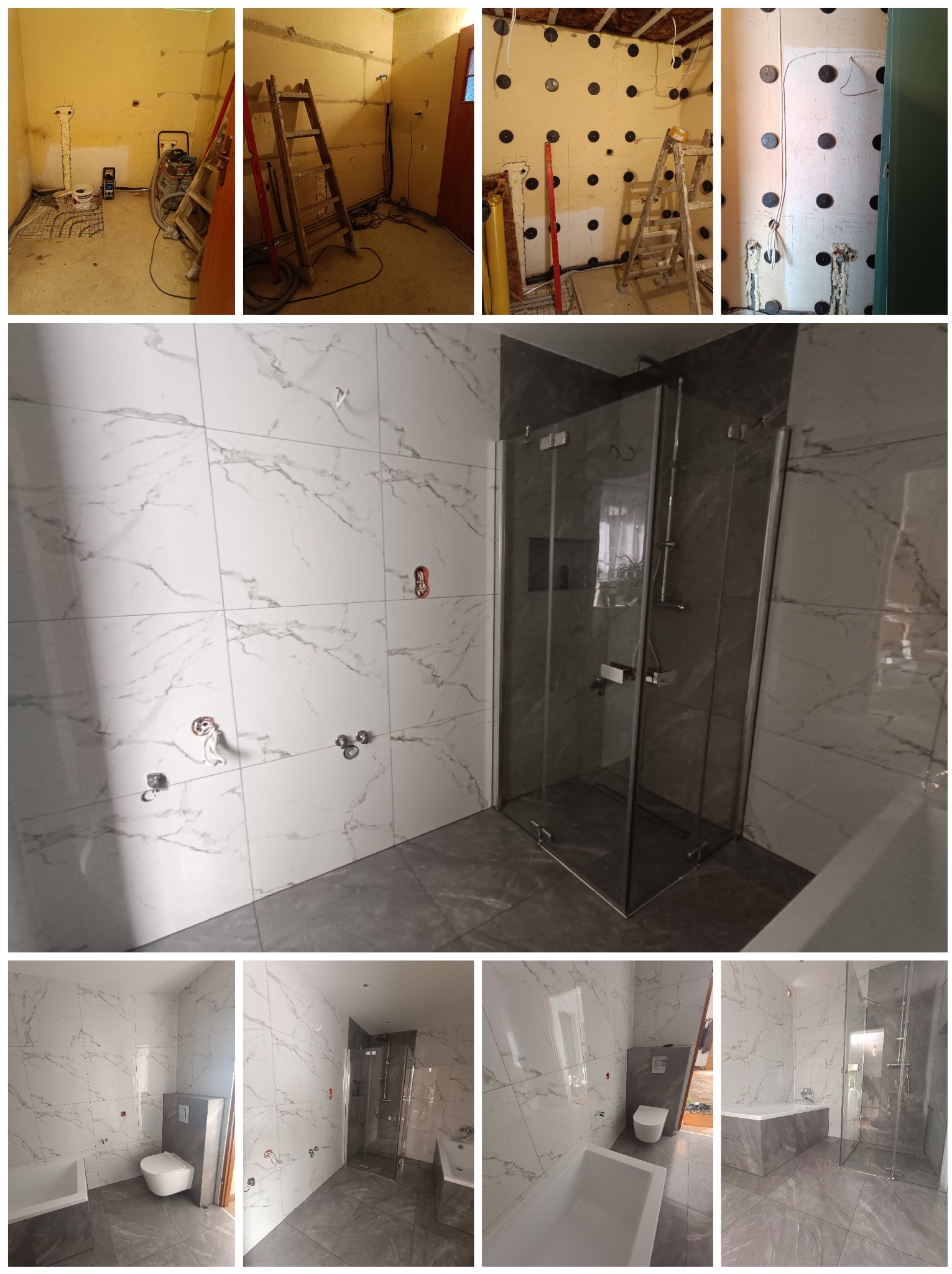 Seria zdjęć ukazujących etapy remontu łazienki: od surowego stanu z widocznymi instalacjami i drabina, przez przygotowanie ścian z czarnymi kołkami, aż po wykończoną łazienkę z biało-szarymi...