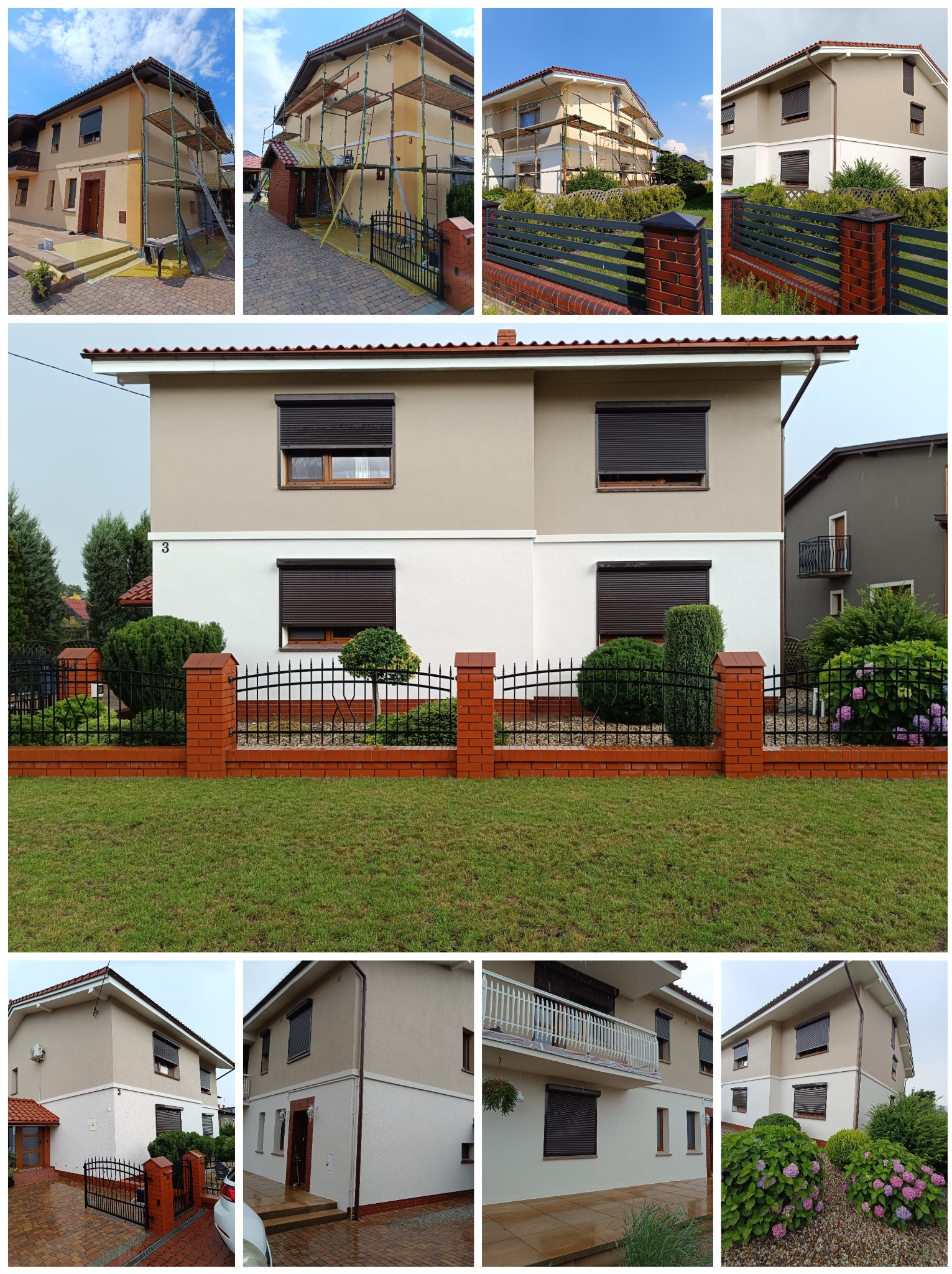 Dwukondygnacyjny dom jednorodzinny z brązowymi roletami zewnętrznymi i świeżo pomalowaną elewacją w odcieniach beżu i bieli, ogrodzony niskim, ceglanym płotem z metalowymi przęsłami.