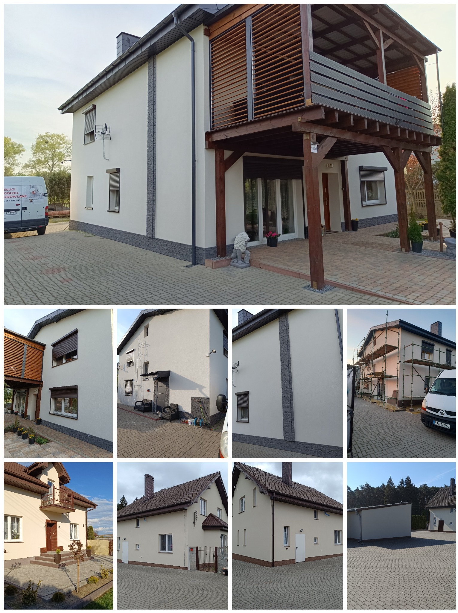 Dwukondygnacyjny dom z jasną elewacją, drewnianą pergolą nad wejściem i dekoracyjnym kamieniem na fragmentach ścian, widok z zewnątrz na podjeździe z kostki brukowej.