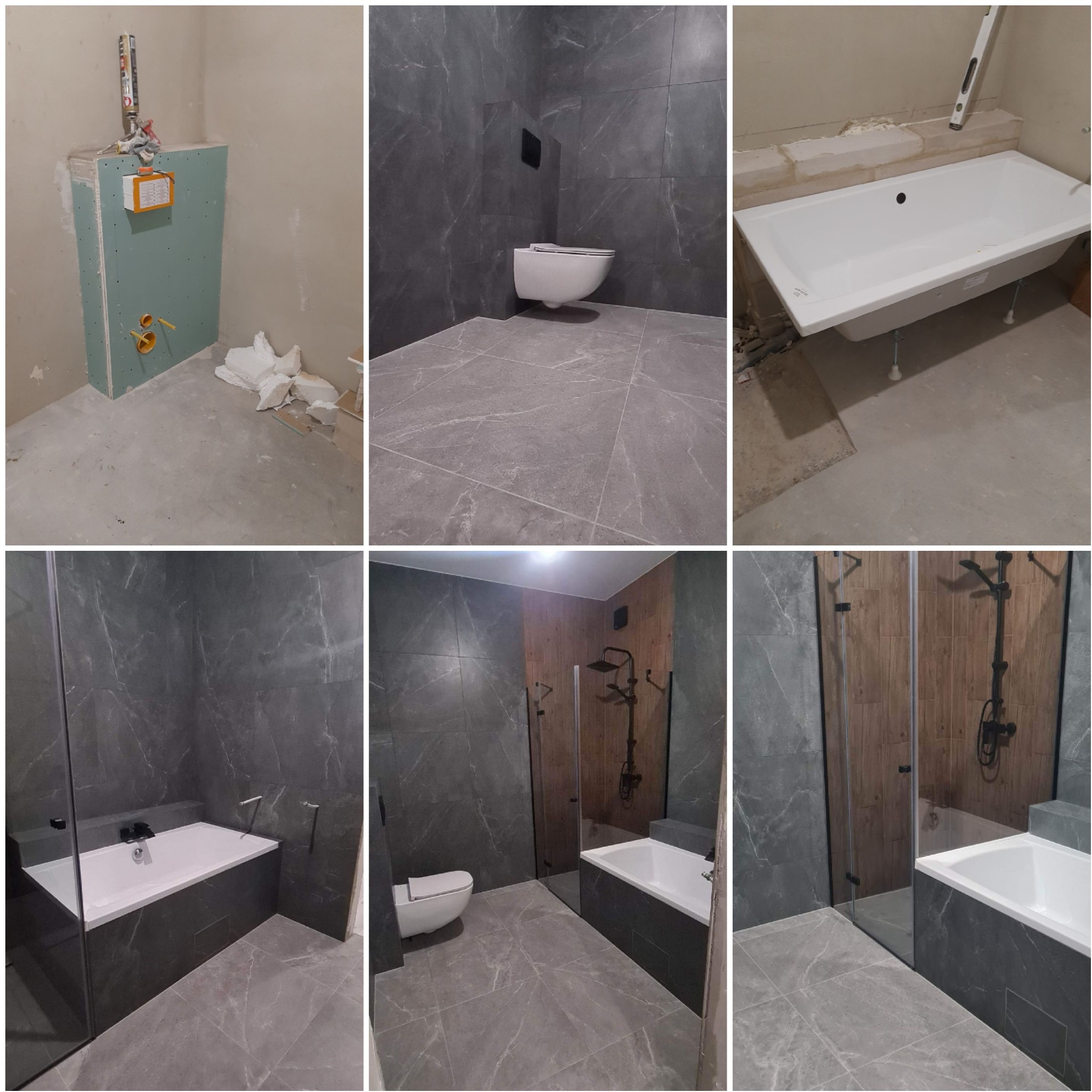 Etapy remontu łazienki w Żerkowie: od montażu płyty karton-gips i instalacji, przez układanie szarych płytek imitujących marmur, po montaż wanny i kabiny prysznicowej.