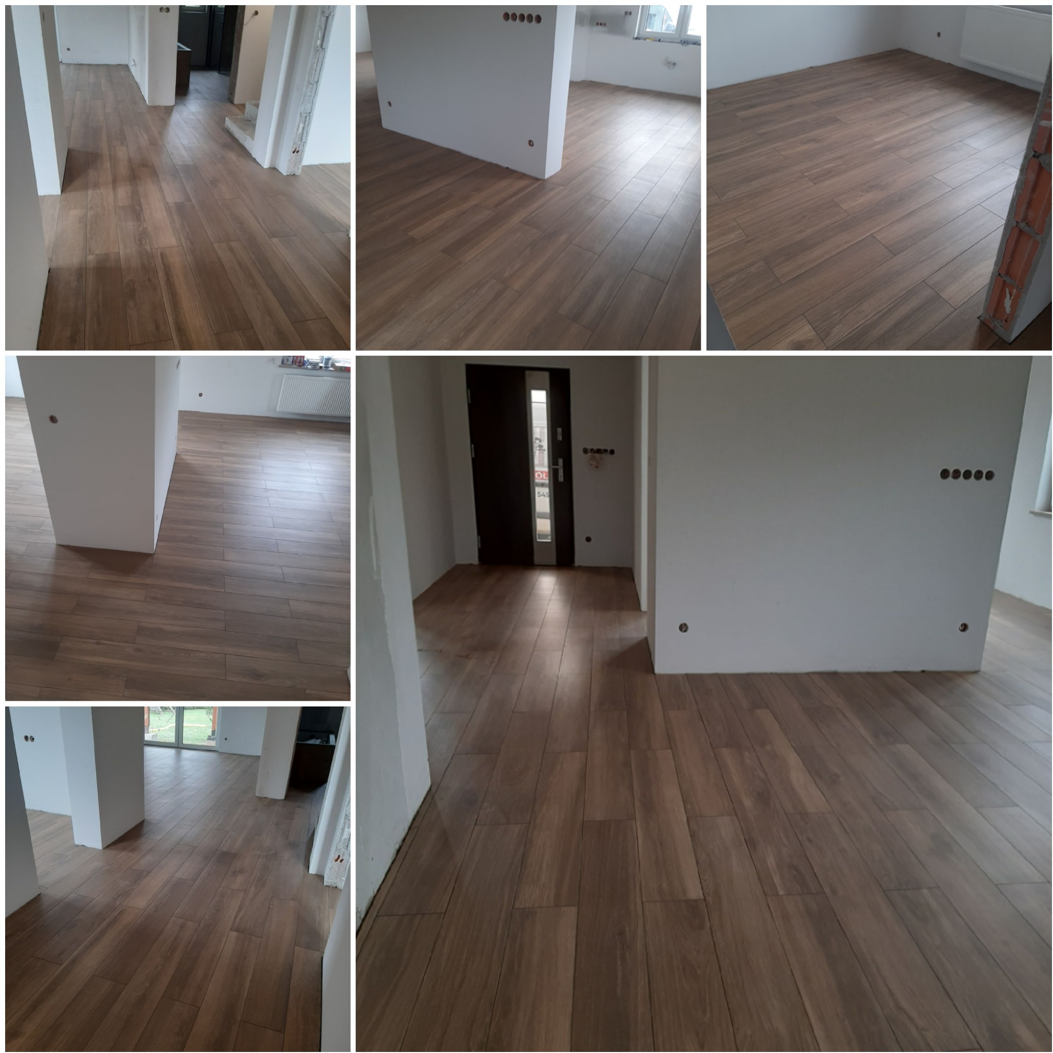 Ułożona podłoga z płytek imitujących drewno w kilku pomieszczeniach w stanie deweloperskim, widoczne białe ściany z gniazdkami i instalacjami elektrycznymi, brak listew przypodłogowych.