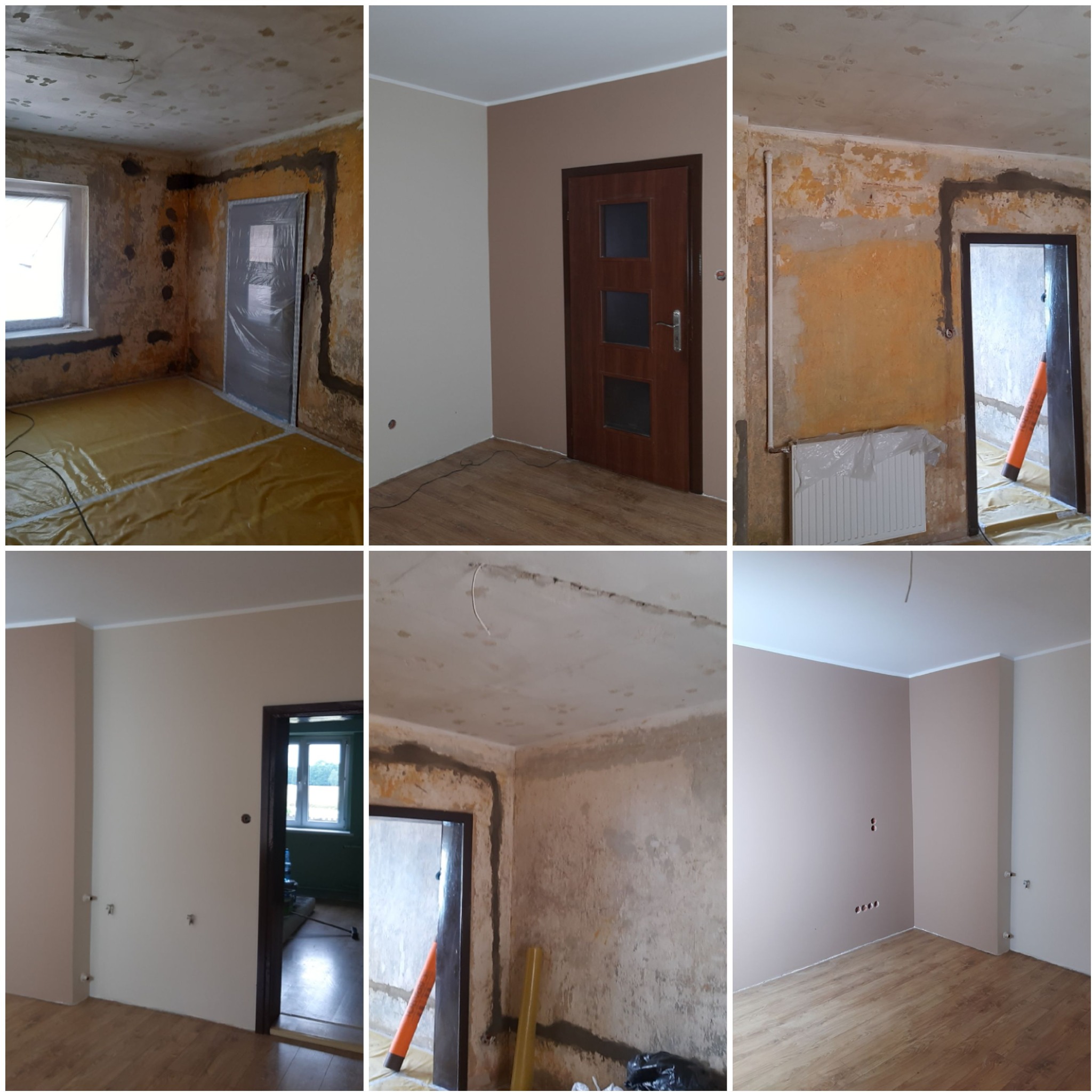 Kompozycja zdjęć przedstawiająca etapy remontu pokoju: stan surowy z odsłoniętą cegłą, zabezpieczona podłoga folią, ściany po położeniu gładzi i pomalowane na beżowo, świeżo zamontowane drzwi...