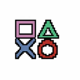 Pixelartowe ikony: fioletowy kwadrat, zielony trójkąt, niebieski krzyżyk i czerwone kółko na białym tle.