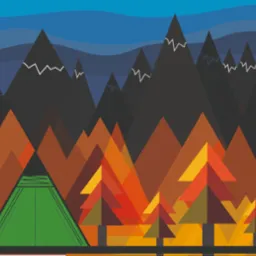 Geometryczna ilustracja krajobrazu z zielonym namiotem na pierwszym planie, stylizowanymi drzewami w odcieniach pomarańczy i brązu oraz czarnymi górami na tle niebieskiego nieba.