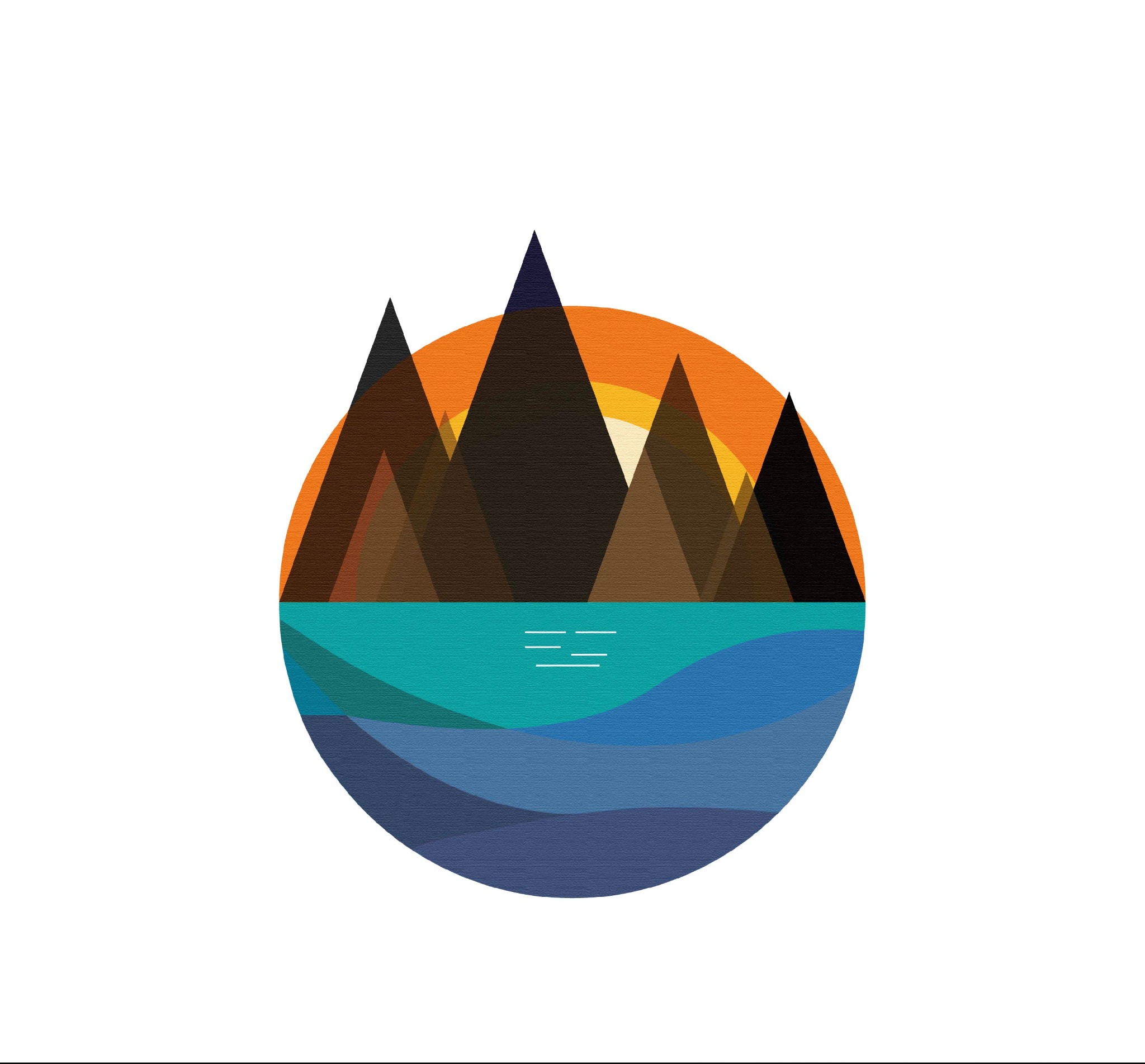 Abstrakcyjna grafika przedstawiająca góry i jezioro w okręgu, utrzymana w geometrycznym stylu z wykorzystaniem różnych odcieni brązu, niebieskiego i pomarańczowego, sugerująca logo lub element...