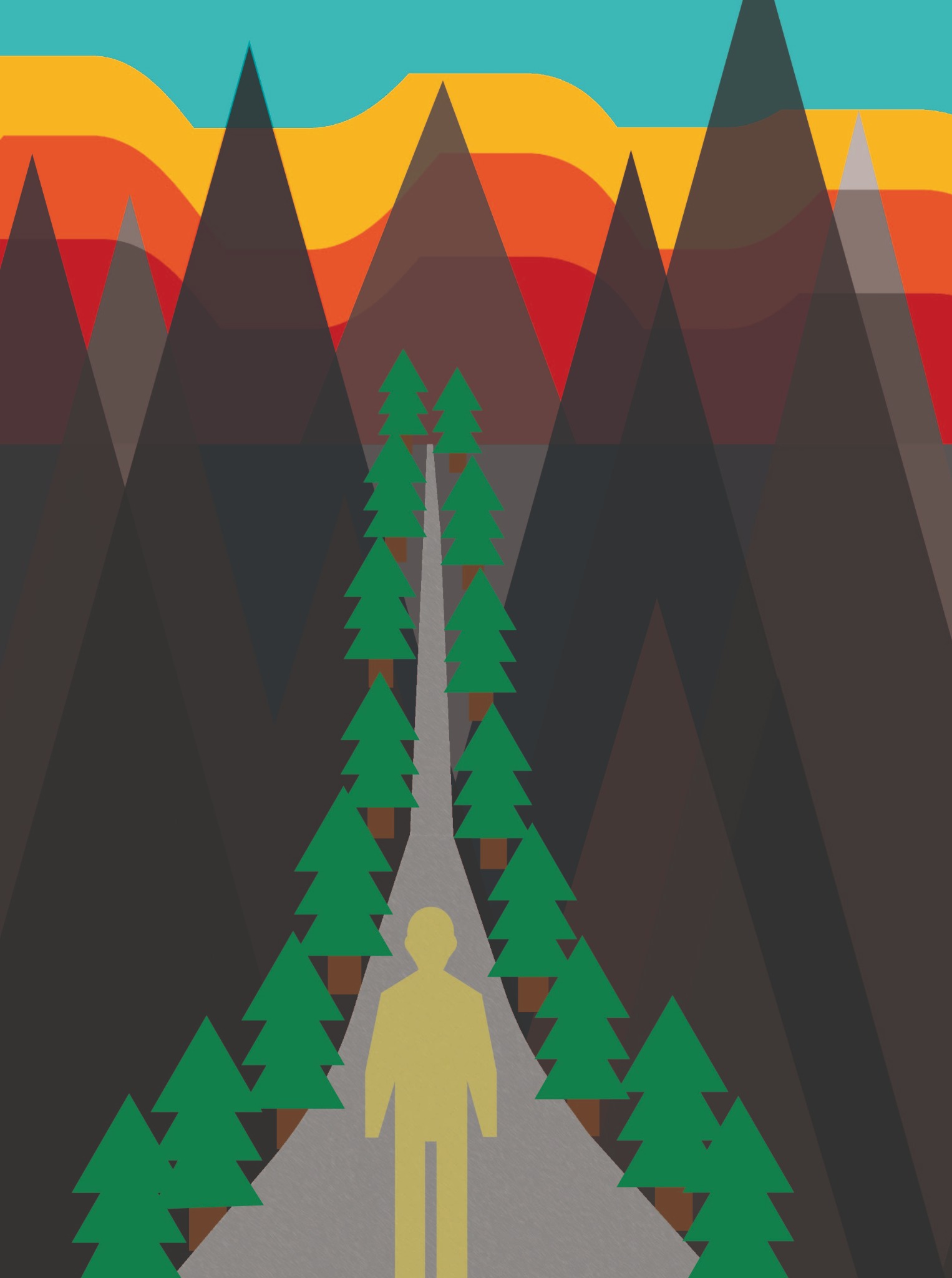 Graficzna ilustracja przedstawiająca postać idącą ścieżką przez las iglasty w kierunku gór o zachodzącym słońcu, utrzymana w minimalistycznym, płaskim stylu.