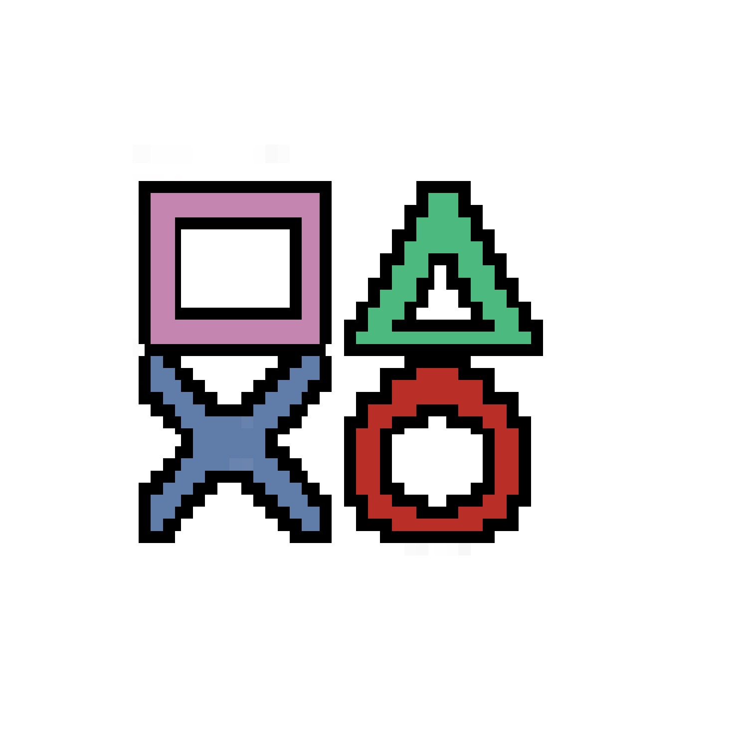 Pixelartowe ikony: fioletowy kwadrat, zielony trójkąt, niebieski krzyżyk i czerwone kółko na białym tle.