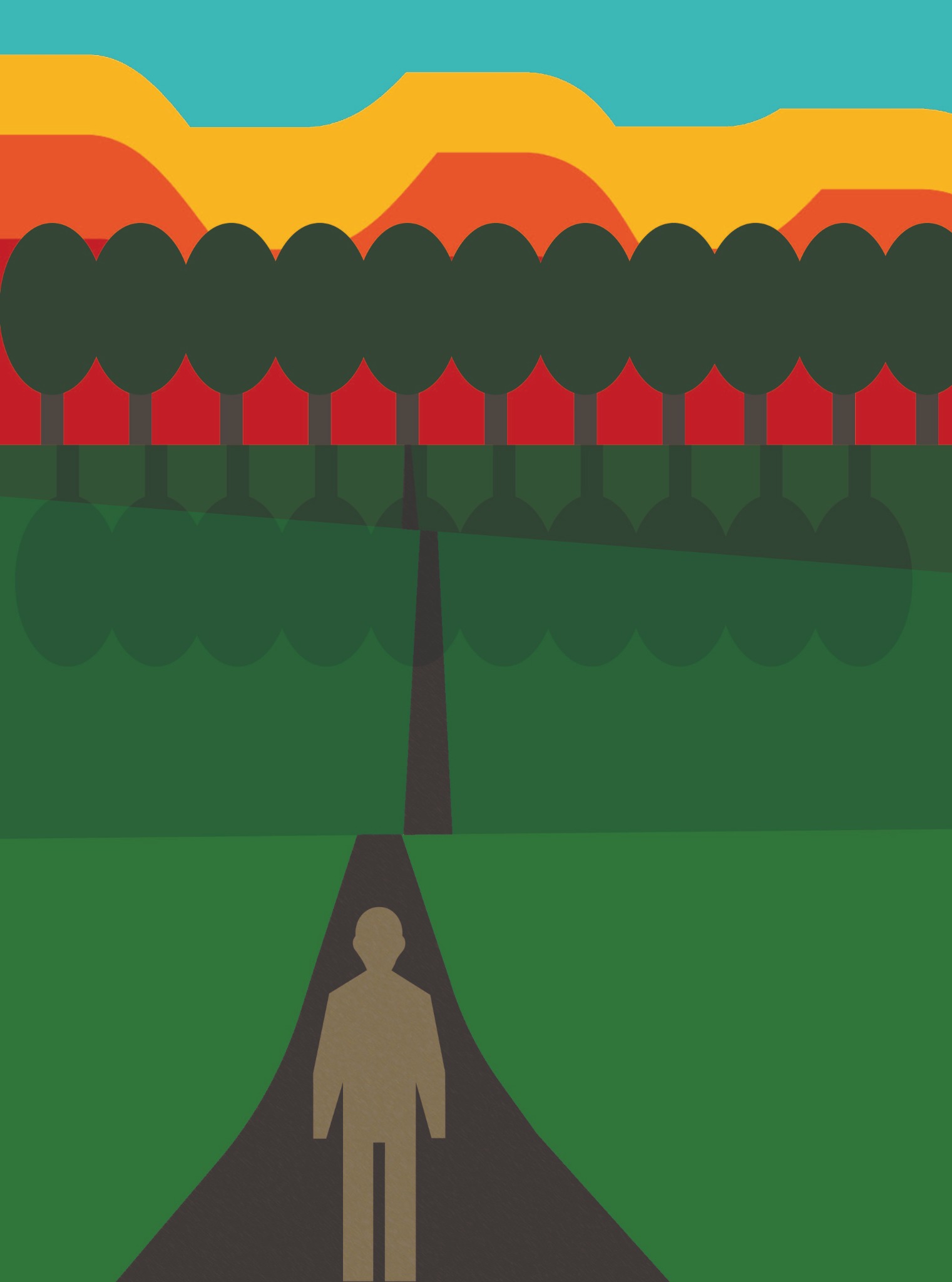 Minimalistyczna ilustracja przedstawiająca postać idącą ścieżką przez zielony krajobraz z rzędem drzew i abstrakcyjnym tłem w odcieniach pomarańczy i błękitu.