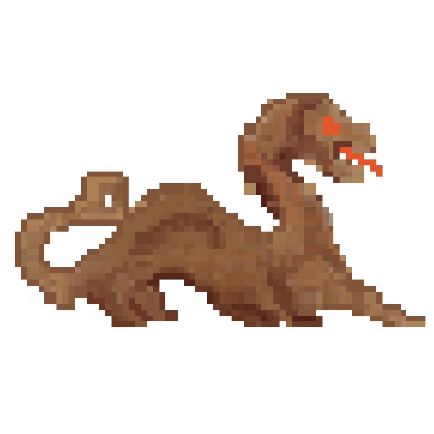 Brązowy pikselowy smok z czerwonymi oczami i językiem na białym tle.