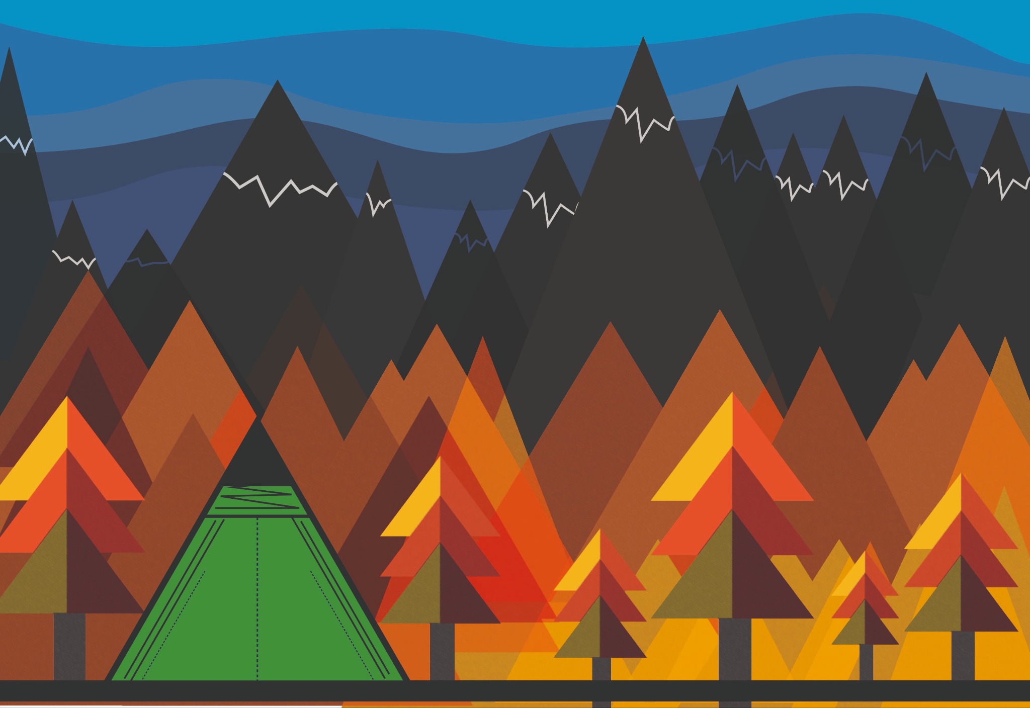 Geometryczna ilustracja krajobrazu z zielonym namiotem na pierwszym planie, stylizowanymi drzewami w odcieniach pomarańczy i brązu oraz czarnymi górami na tle niebieskiego nieba.
