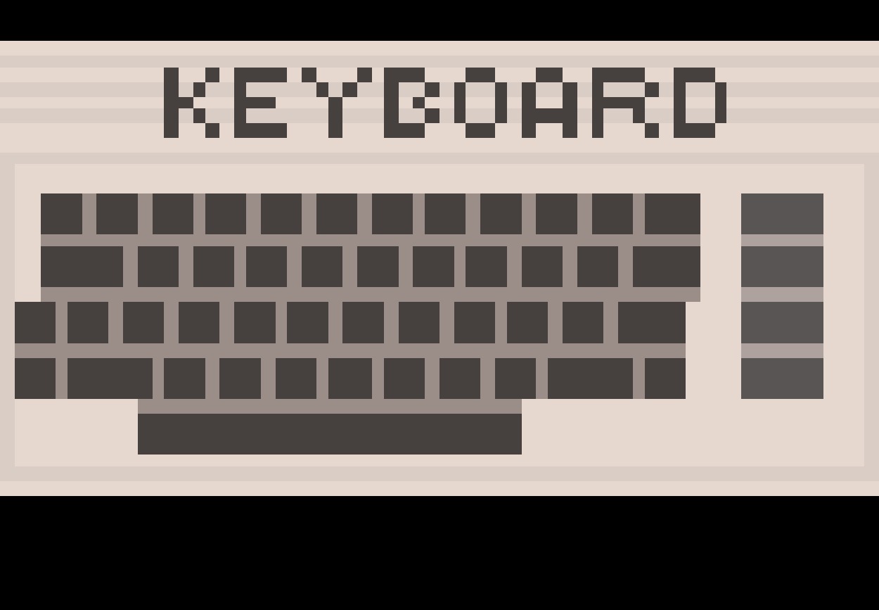 Pikselowa grafika przedstawiająca klawiaturę z napisem 'KEYBOARD' u góry, stylizowana na retro komputer.