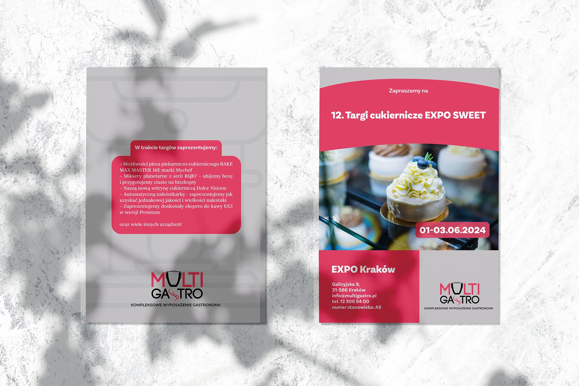 Plakat reklamowy targów cukierniczych Expo Sweet 2024 w Krakowie, prezentujący ofertę firmy Multi Gastro, z wizualizacją tortu z kremem i borówkami.