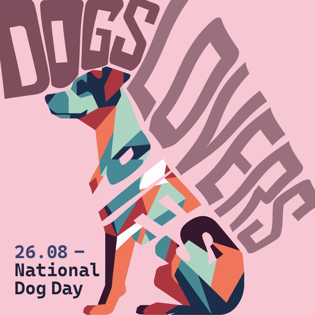 Grafika wektorowa psa w stylu geometrycznym z napisem 'DOGS LOVERS' i datą '26.08 - National Dog Day' na różowym tle.