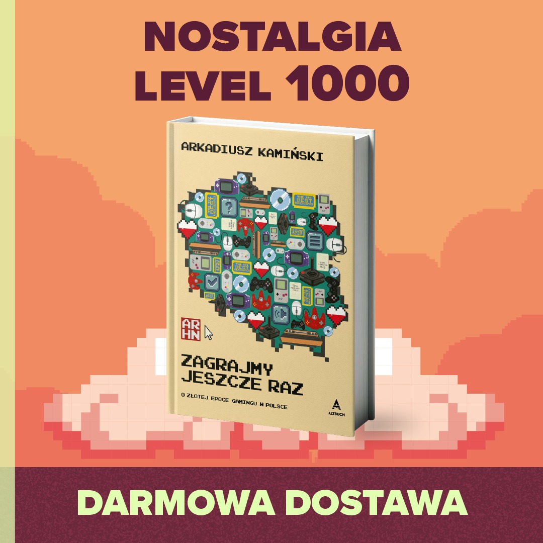 Okładka książki 'Zagrajmy jeszcze raz' Arkadiusza Kamińskiego, o złotej epoce gamingu w Polsce, z grafiką pikselowych konsol i gier retro, na tle stylizowanym na chmurę pikseli, z napisem...
