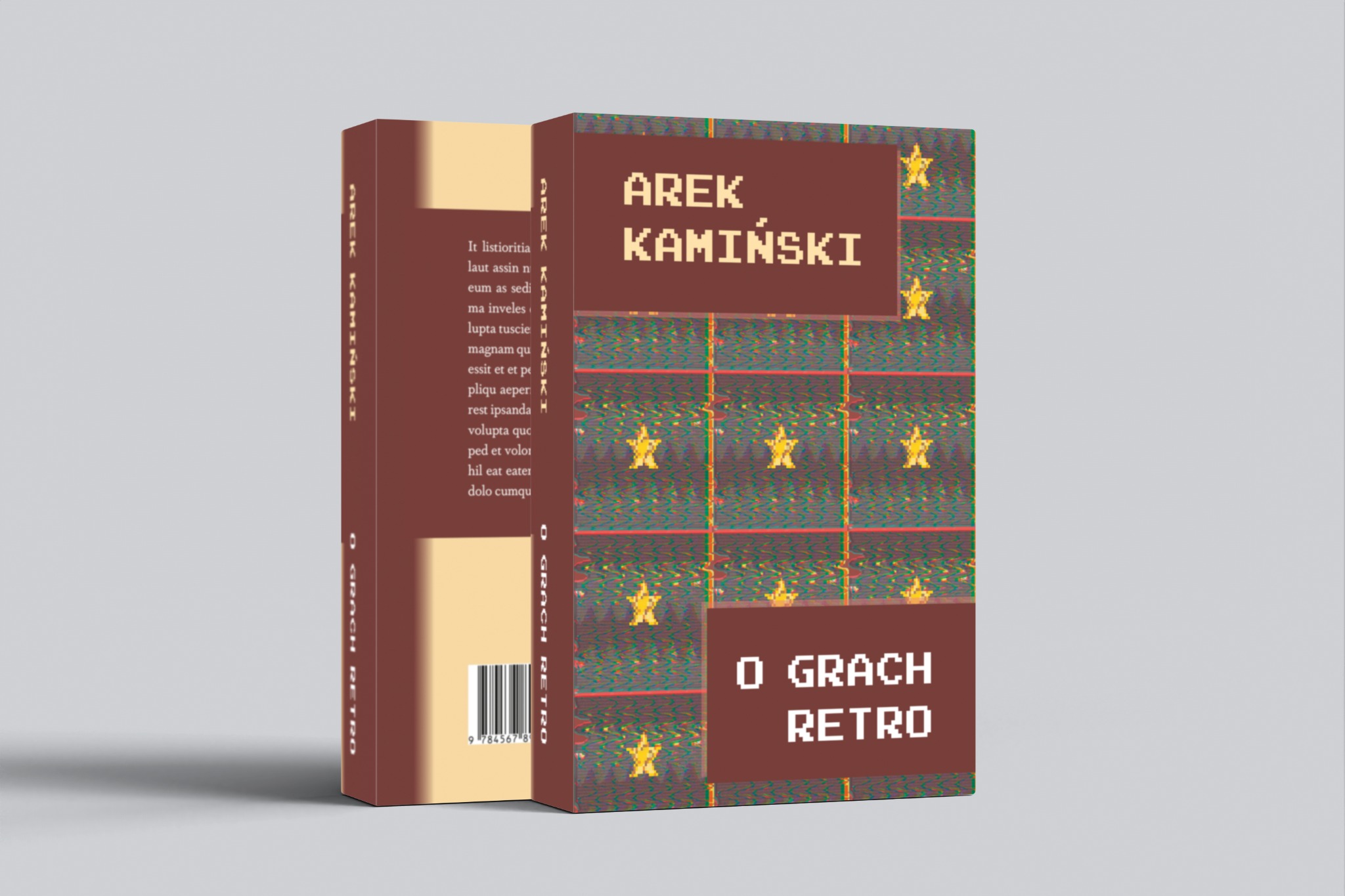 Projekt okładki książki w stylu retro z pikselową grafiką, zawierającej tytuł 'O Grach Retro' i nazwisko autora 'Arek Kamiński', prezentowany w perspektywie.