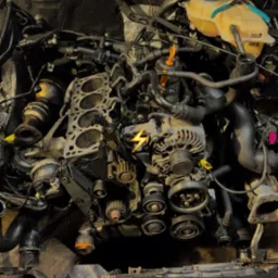 Silnik samochodowy w trakcie naprawy, widoczny zdemontowany blok cylindrów, elementy układu rozrządu i osprzęt, w tle zbiorniczki płynów eksploatacyjnych.