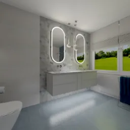 Nowoczesna łazienka z podwójną umywalką, lustrami z podświetleniem LED, wiszącą toaletą i widokiem na zielony ogród przez okno z żaluzjami.