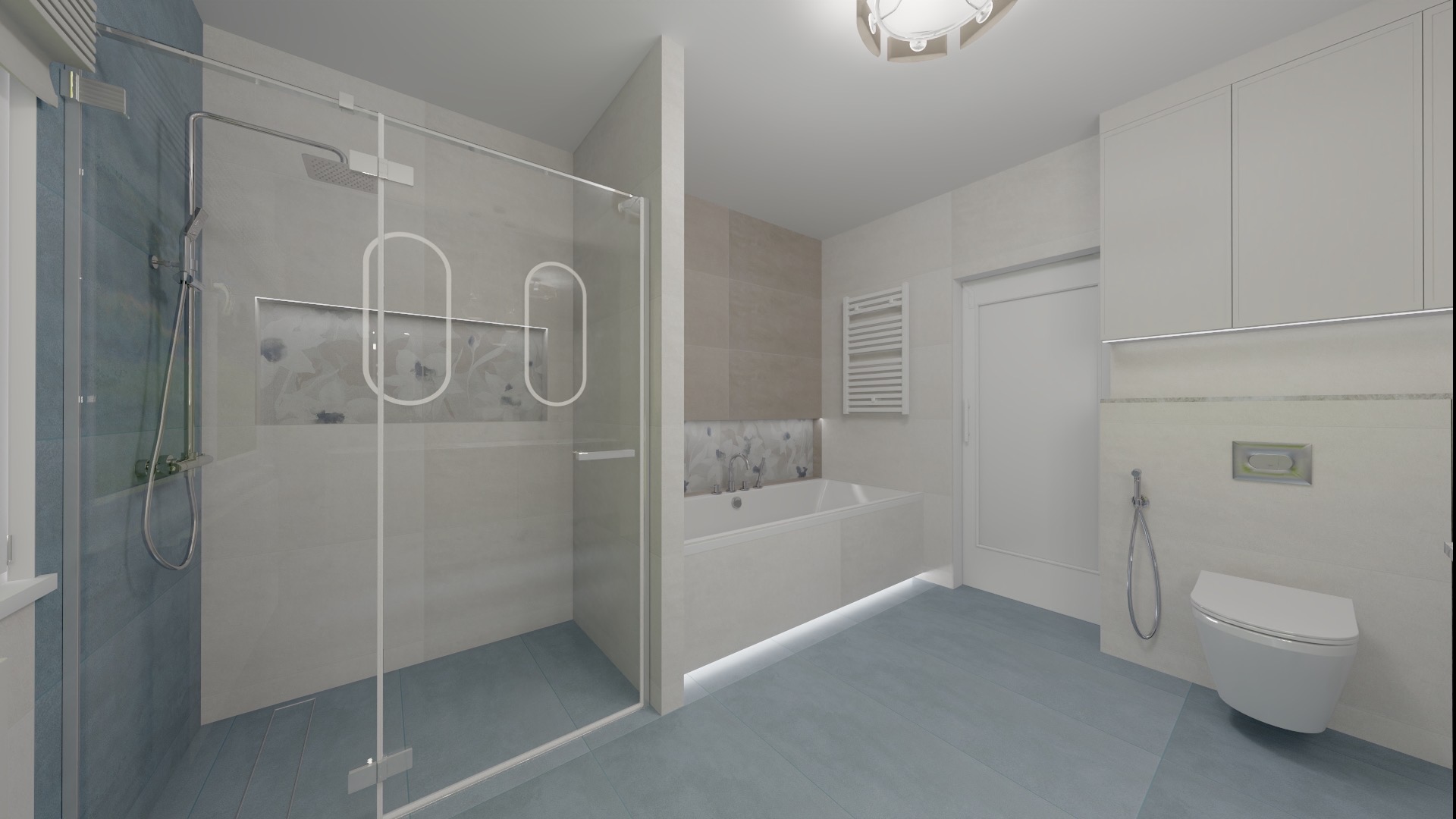 Wizualizacja łazienki z kabiną prysznicową ze szklanymi ściankami z dekoracyjnymi, owalnymi wzorami, wanną z podświetleniem LED, wiszącą toaletą i niebieską podłogą.