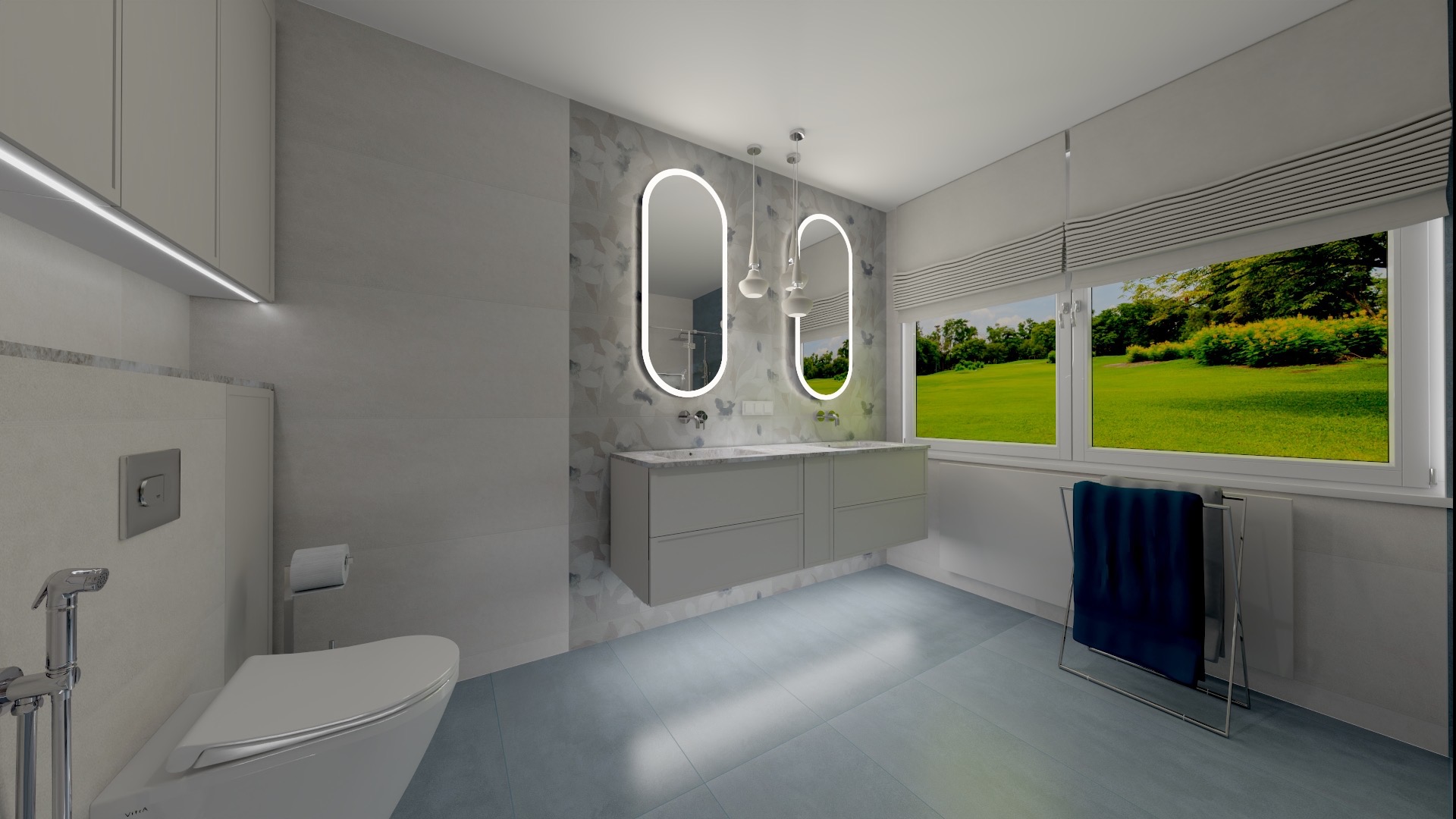 Nowoczesna łazienka z podwójną umywalką, lustrami z podświetleniem LED, wiszącą toaletą i widokiem na zielony ogród przez okno z żaluzjami.