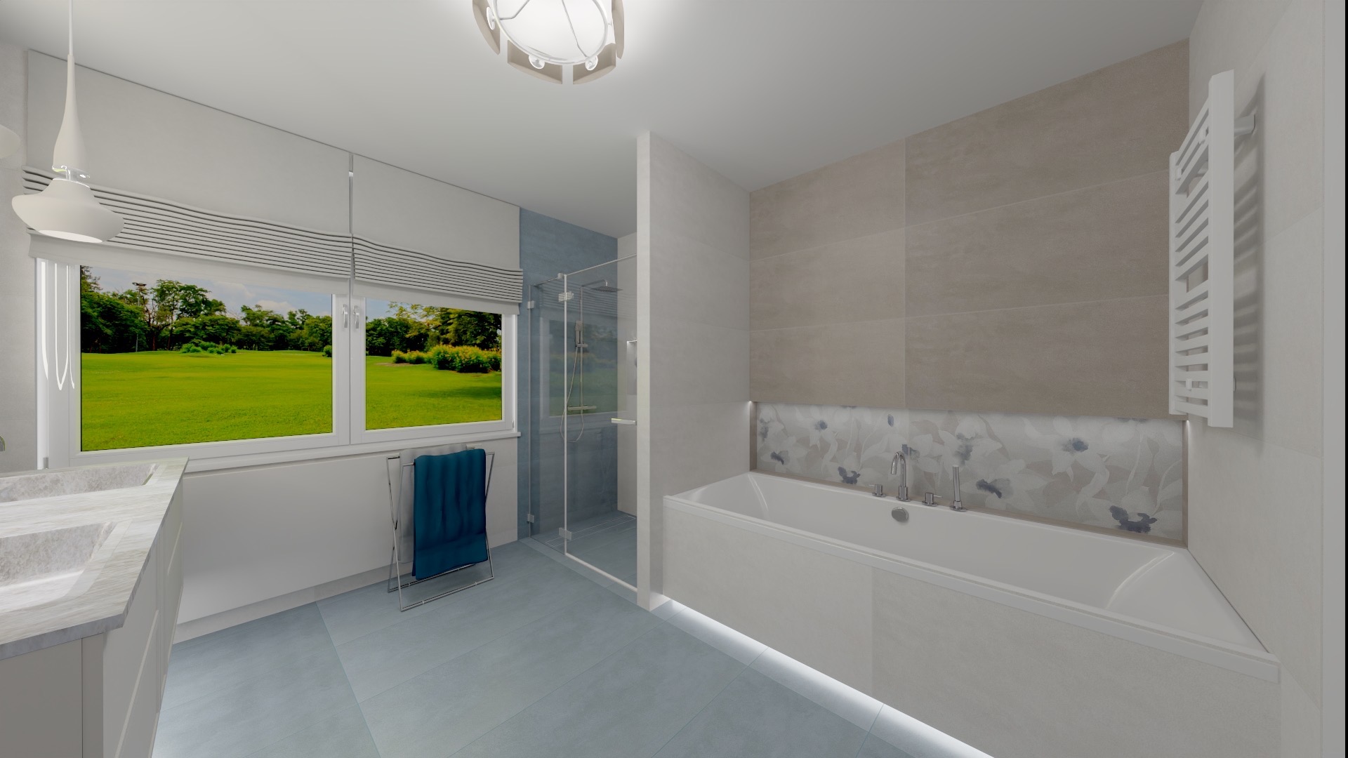 Wizualizacja nowoczesnej łazienki z wanną, kabiną prysznicową, umywalką z marmurowym blatem i dużym oknem z widokiem na zieleń. Ściany wykończone płytkami w odcieniach beżu i błękitu,...