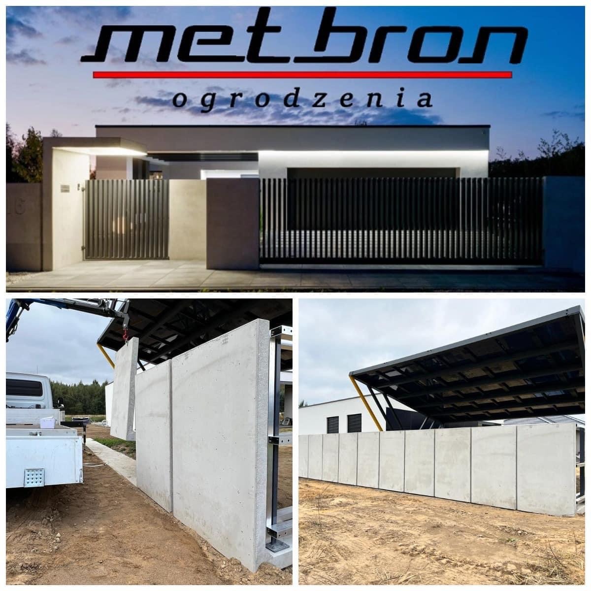 Kolaż przedstawiający nowoczesne ogrodzenie z paneli betonowych, logo firmy 'metbron' na górze, oraz etap montażu z użyciem dźwigu i widok ukończonego ogrodzenia na działce.