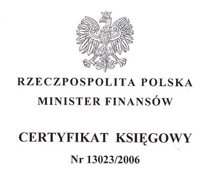 Skan certyfikatu księgowego Ministerstwa Finansów Rzeczypospolitej Polskiej z orłem w koronie i numerem 13023/2006.