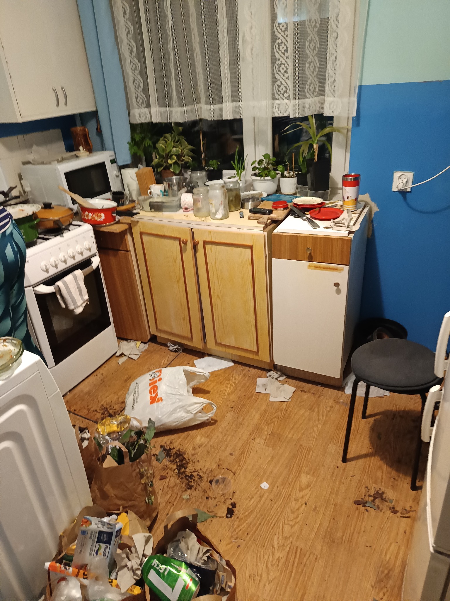 Bardzo zaniedbana kuchnia z rozrzuconymi śmieciami, brudnymi naczyniami na blacie i podłodze, widoczne są również resztki jedzenia i puste opakowania po produktach spożywczych.