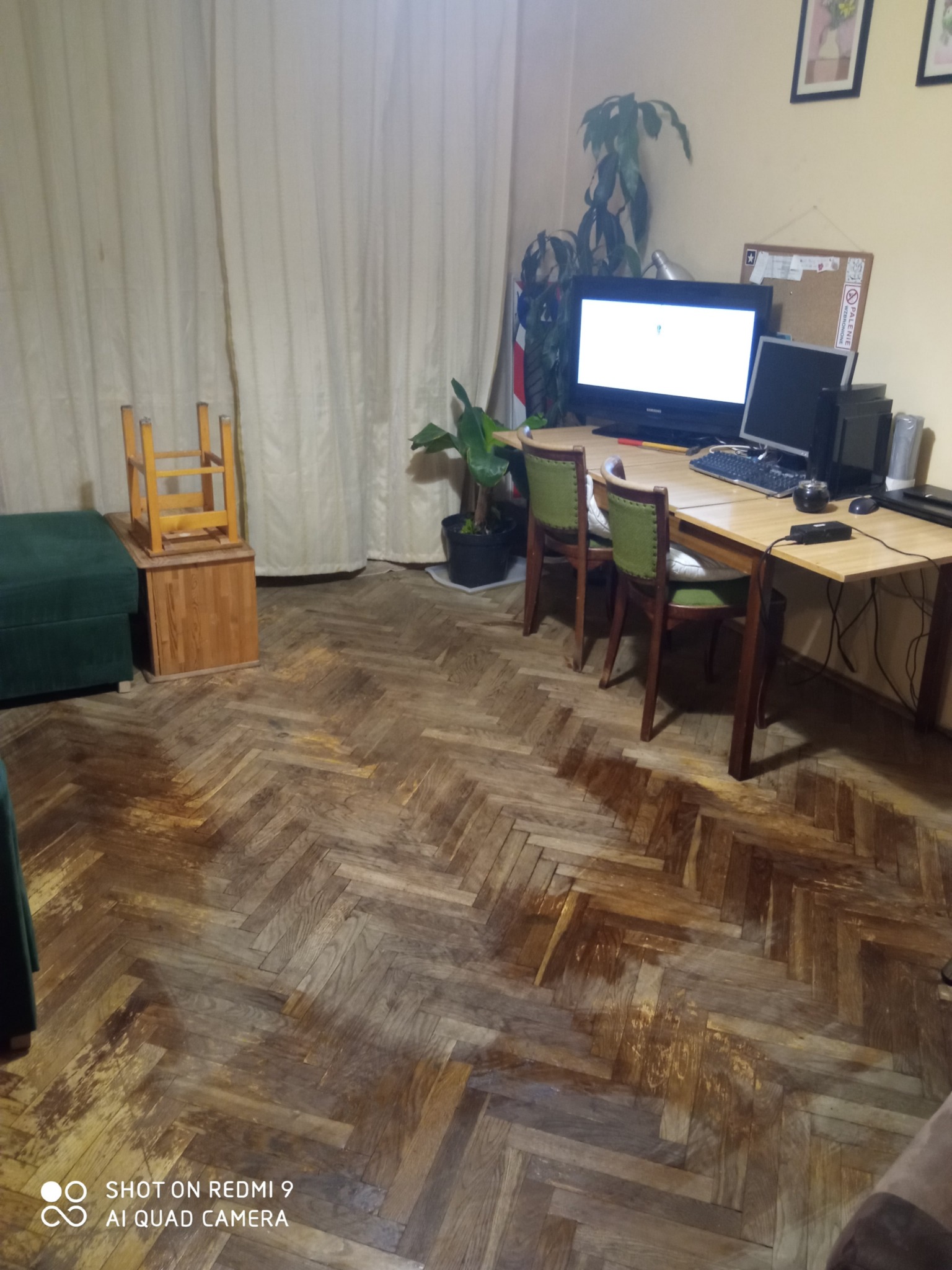 Pokój z parkietem w jodełkę, drewnianym biurkiem, dwoma krzesłami z zielonym obiciem, komputerem i roślinami doniczkowymi, z widocznymi śladami użytkowania na podłodze.