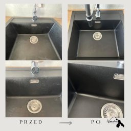 WYSPRZĄTANE PODLASIE - Czarny zlew kuchenny przed i po czyszczeniu, widoczne efekty pracy firmy z Łap, prezentacja różnicy w czystości na czterech ujęciach.