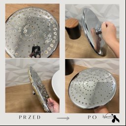 WYSPRZĄTANE PODLASIE - Kolaż przedstawiający głowicę prysznicową przed i po czyszczeniu, widoczne osady i kamień usunięte, poprawa wyglądu i połysku.