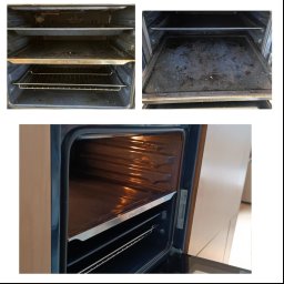 WYSPRZĄTANE PODLASIE - Brudny piekarnik przed czyszczeniem, widoczne przypalone resztki jedzenia na blachach i ściankach wewnętrznych, jeden piekarnik z otwartymi drzwiami i oświetleniem wewnętrznym.